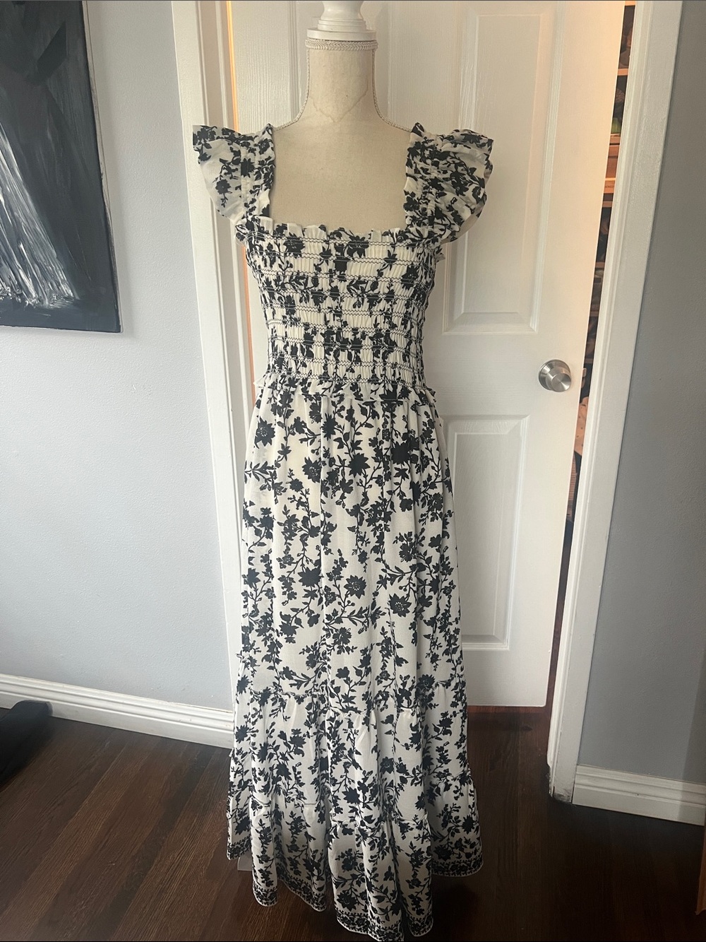Max Studio Black and White Floral Smocked Maxi Dress